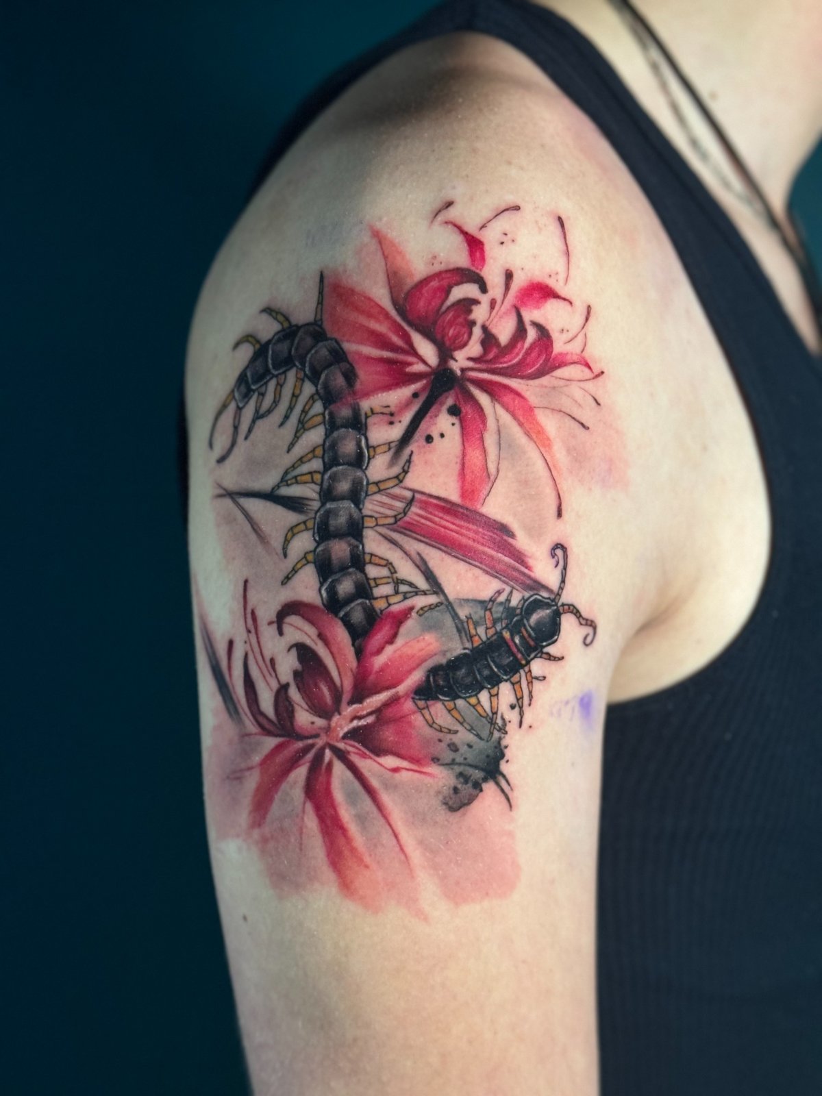 Color realism floral scorpion tattoo